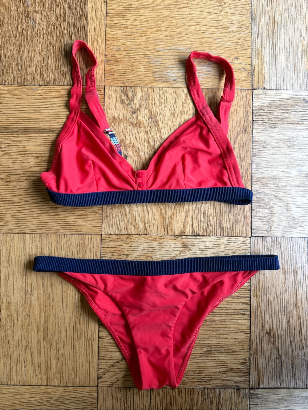 Rye $205 Zesty Grosgrain-trimmed Triangle Bikini, Red/Blue, XS,  EUC, Worn Once